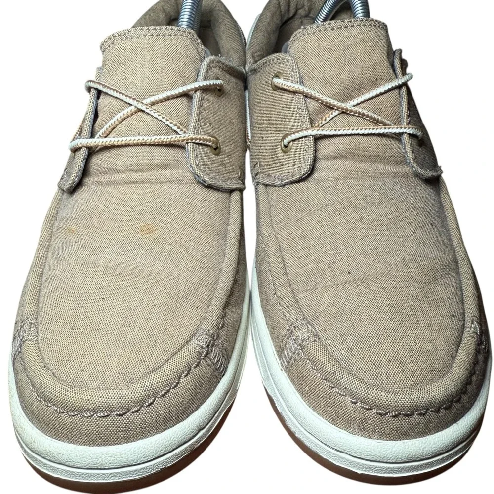 Timberland Boat Shoes Men's 9.5 Canvas Moc Toe Slip On Loafers Beige 56286